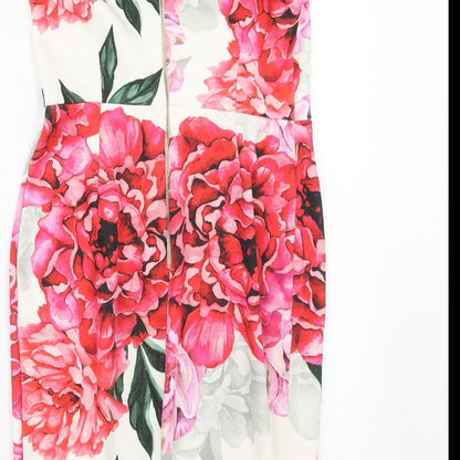 Brand and care label for Paraphrase women’s pink floral polyester bodycon, size S, off the shoulder zip
