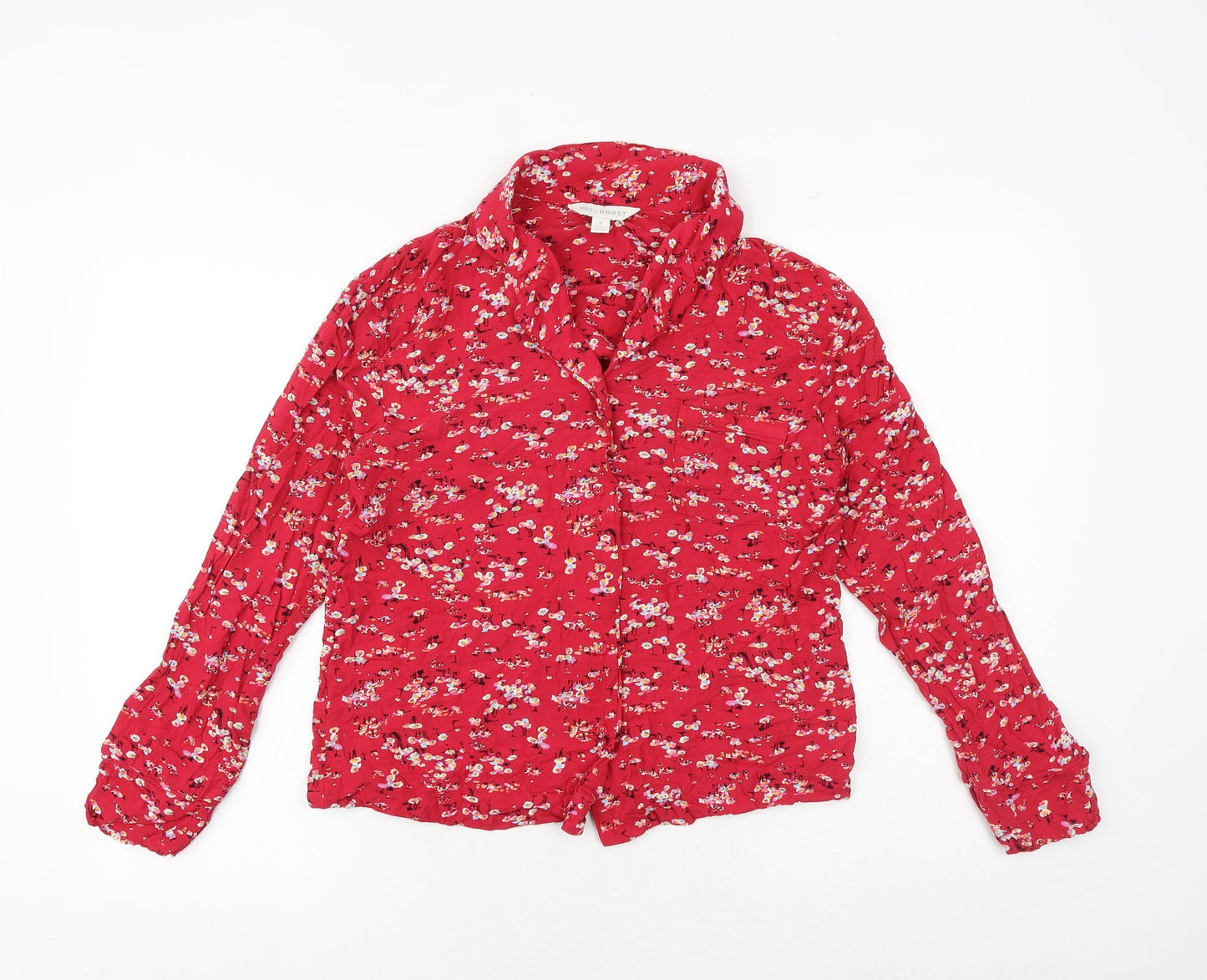 Marks and Spencer Womens Red Floral Viscose Basic Button-Up Size 8 Collared
