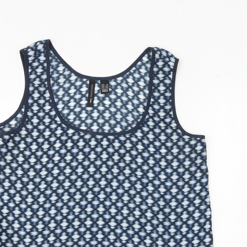Mango Womens Blue Geometric Polyester Basic Tank Size XS Round Neck