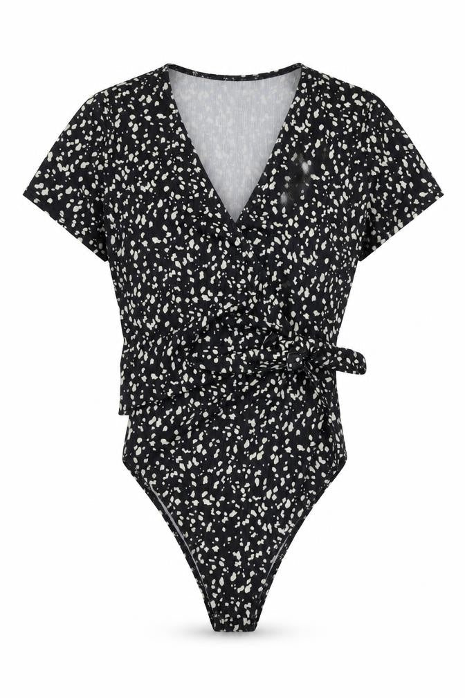 New Look Womens Black Animal Print Polyester Bodysuit One-Piece Size 8 Snap - Tie Front Detail