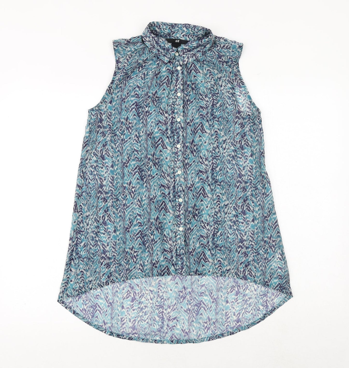 H&M Womens Blue Geometric Polyester Basic Button-Up Size 6 Collared