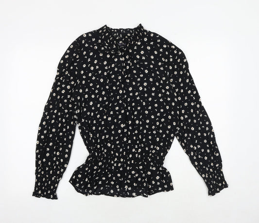 Marks and Spencer Womens Black Floral Viscose Basic Blouse Size 8 Mock Neck