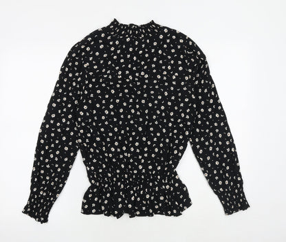 Marks & Spencer Womens Black Floral Viscose Basic Blouse Size 8 Mock Neck