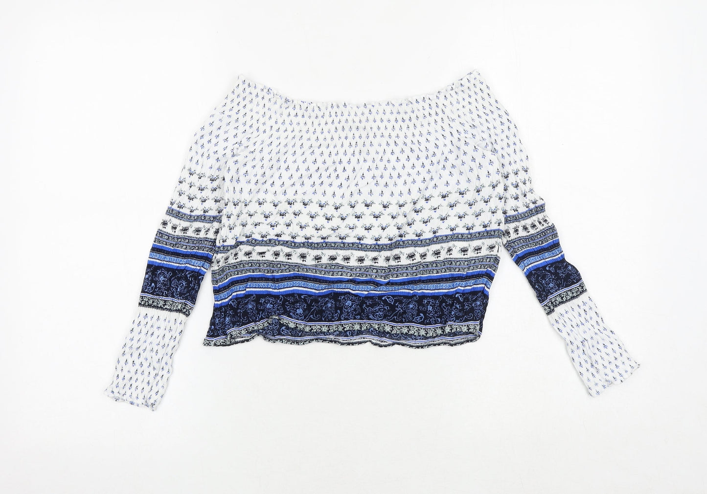 H&M Womens Blue Geometric Viscose Cropped Blouse Size 12 Round Neck