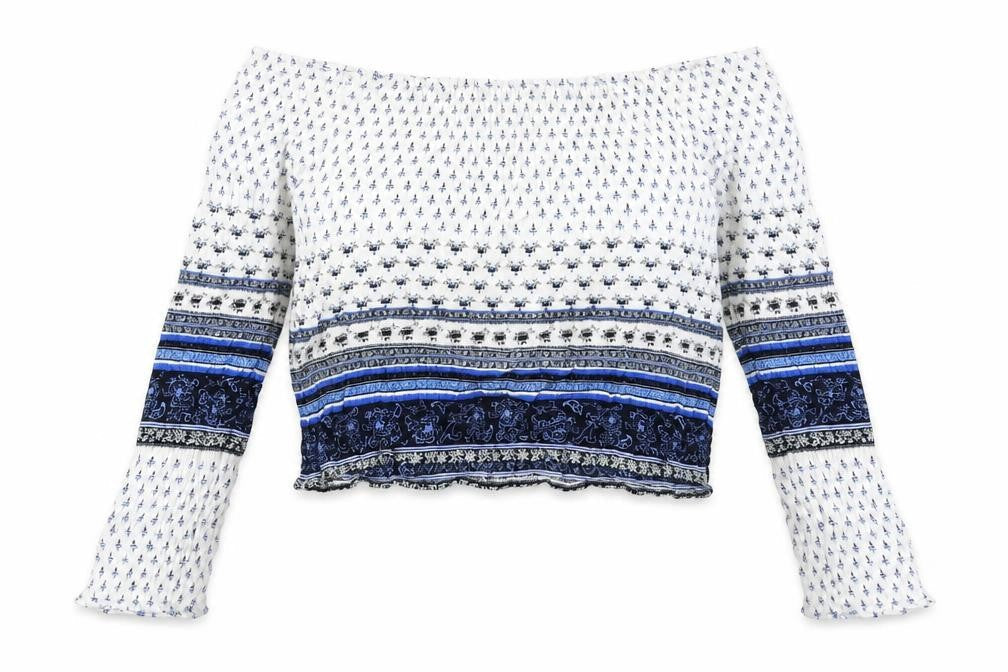 H&M Womens Blue Geometric Viscose Cropped Blouse Size 12 Round Neck