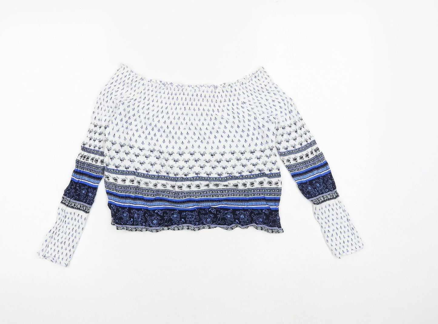 H&M Womens Blue Geometric Viscose Cropped Blouse Size 12 Round Neck