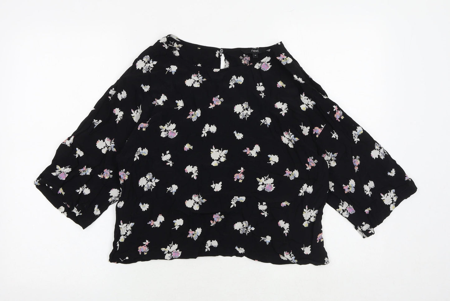 NEXT Womens Black Floral Viscose Basic Blouse Size 14 Round Neck