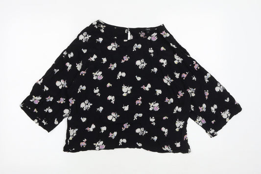 NEXT Womens Black Floral Viscose Basic Blouse Size 14 Round Neck