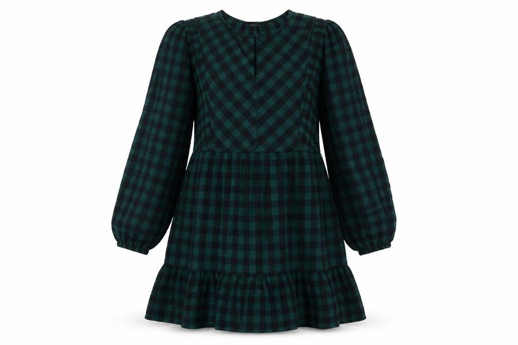 Marks & Spencer Womens Green Check 100% Cotton Skater Dress Size 8 Round Neck Button