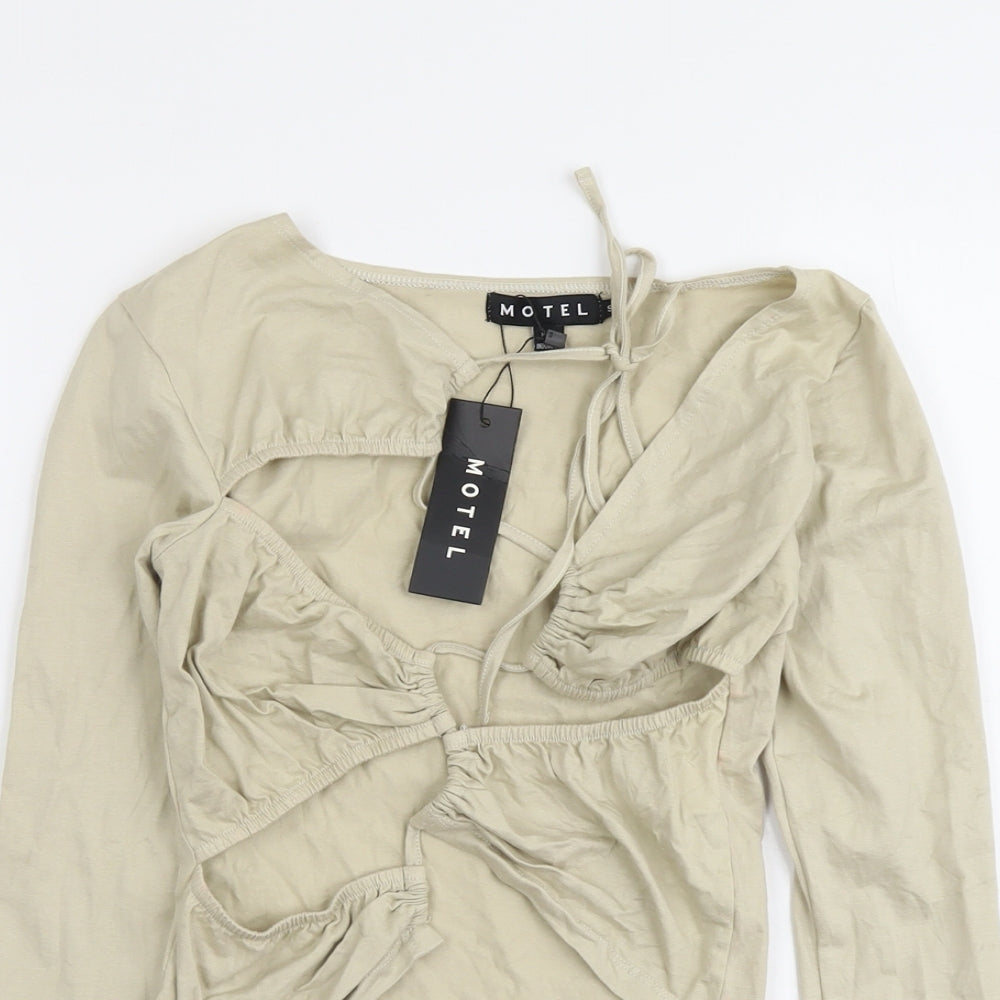 Motel Womens Beige Cotton Cropped Blouse Size S Boat Neck - Cut Out