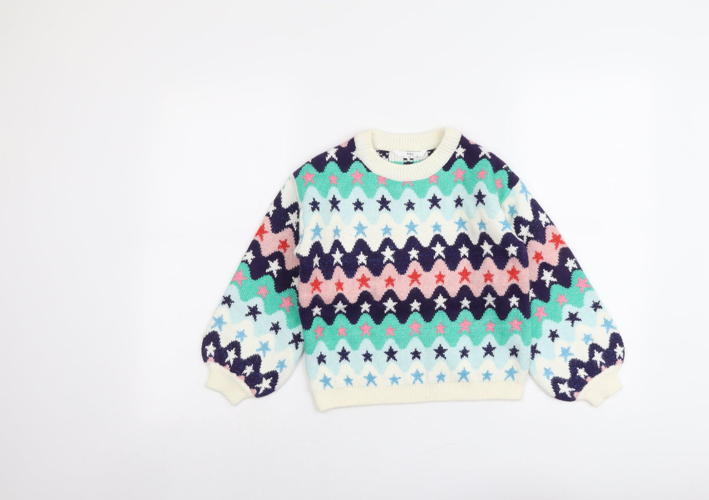 Marks and Spencer Girls Multicoloured Round Neck Geometric Polyester Pullover Jumper Size 9-10 Years Pullover