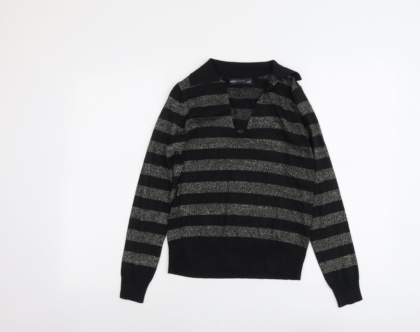 Marks and Spencer Womens Black Collared Striped Viscose Pullover Jumper Size XS