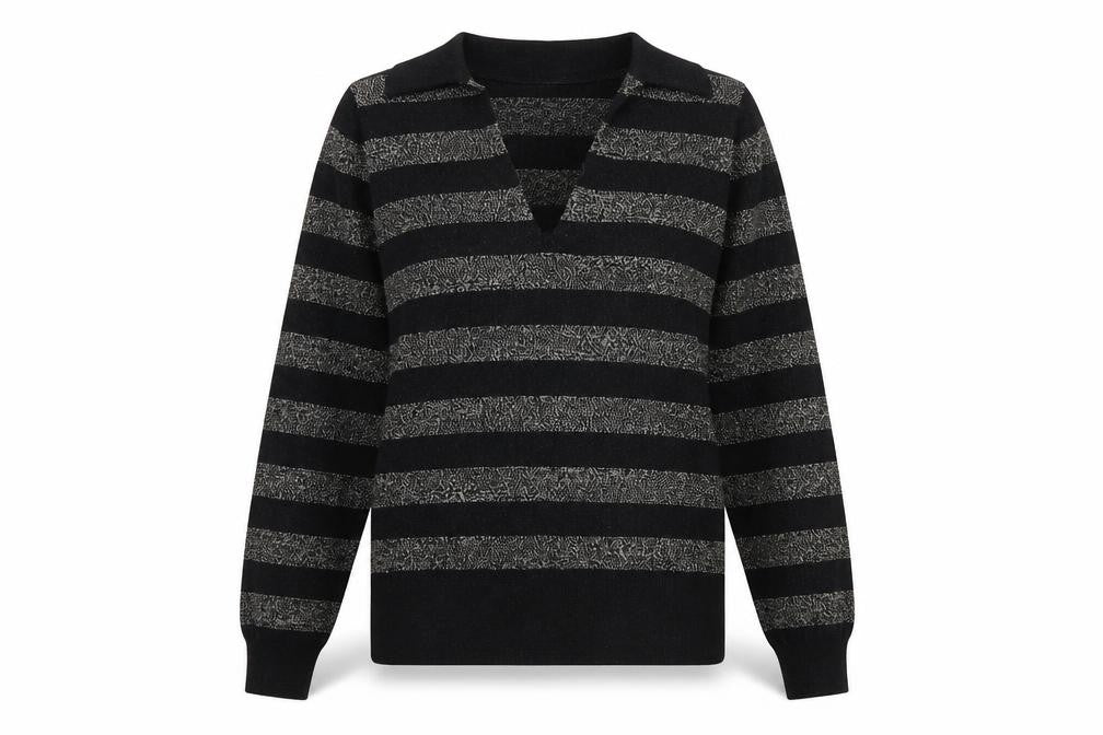 Marks & Spencer Womens Black Collared Striped Viscose Pullover Jumper Size XS