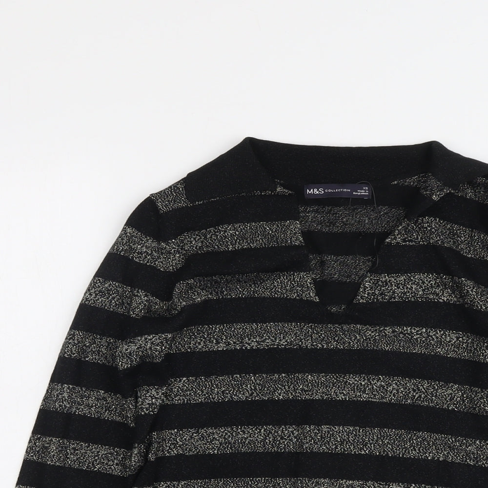 Marks and Spencer Womens Black Collared Striped Viscose Pullover Jumper Size XS