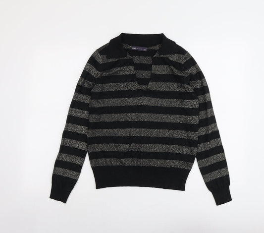 Marks and Spencer Womens Black V-Neck Striped Polyester Pullover Jumper Size S