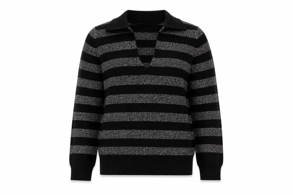 Marks & Spencer Womens Black V-Neck Striped Polyester Pullover Jumper Size S