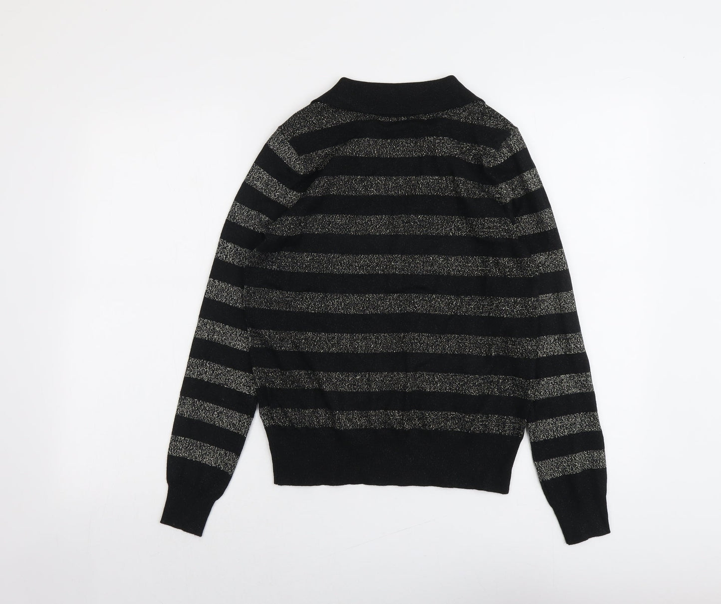 Marks and Spencer Womens Black V-Neck Striped Polyester Pullover Jumper Size S