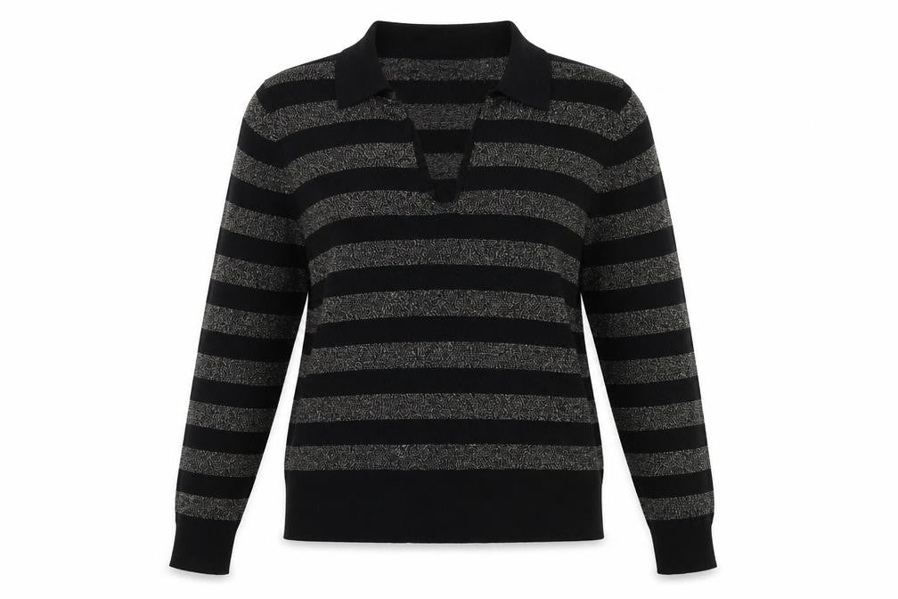 Marks & Spencer Womens Black Collared Striped Viscose Pullover Jumper Size M