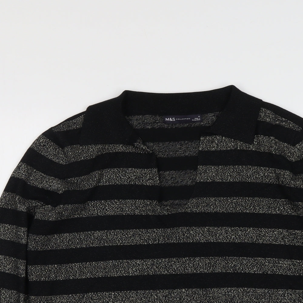 Marks and Spencer Womens Black Collared Striped Viscose Pullover Jumper Size M