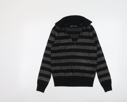 Marks and Spencer Womens Black Collared Striped Viscose Pullover Jumper Size XS