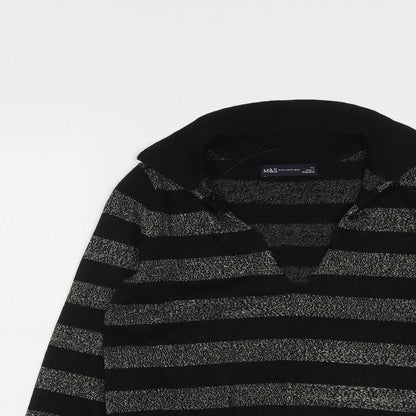 Marks & Spencer Womens Black Collared Striped Viscose Pullover Jumper Size XS