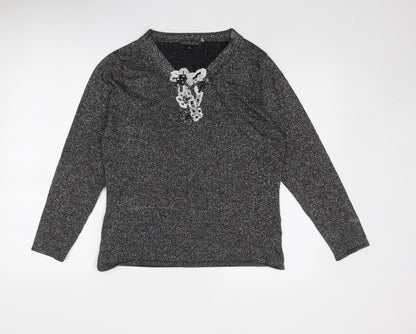 Additional front view of Frank Saul Silver V-Neck Viscose jumper, size M