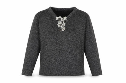 Front view of Frank Saul Silver V-Neck Viscose jumper, size M