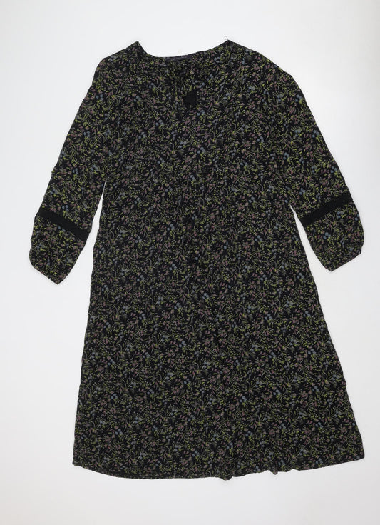 Marks and Spencer Womens Black Floral Viscose Trapeze & Swing Size 10 Round Neck Tie
