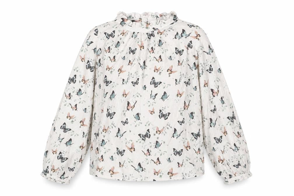 Mango Girls Beige Geometric Viscose Basic Blouse Size 9 Years Mock Neck Button - Butterfly Pattern