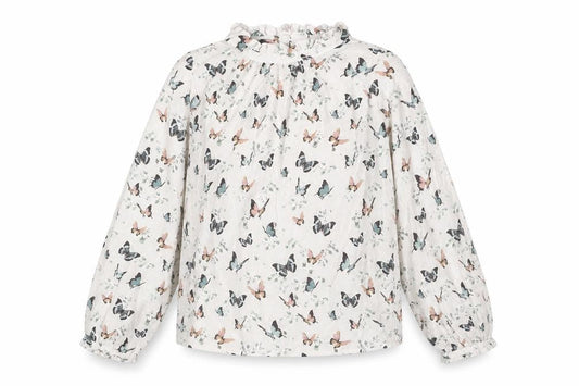 Mango Girls Beige Geometric Viscose Basic Blouse Size 9 Years Mock Neck Button - Butterfly Pattern