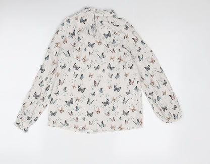 Back view of Mango girls’ beige geometric viscose basic blouse, size 9, years mock neck button - butterfly pattern