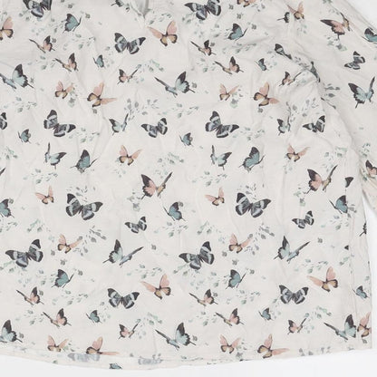 Brand and care label for Mango girls’ beige geometric viscose basic blouse, years mock neck button - butterfly pattern