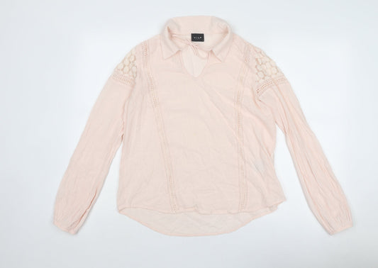 VILA Womens Pink Cotton Basic Blouse Size S Collared - Lace Details