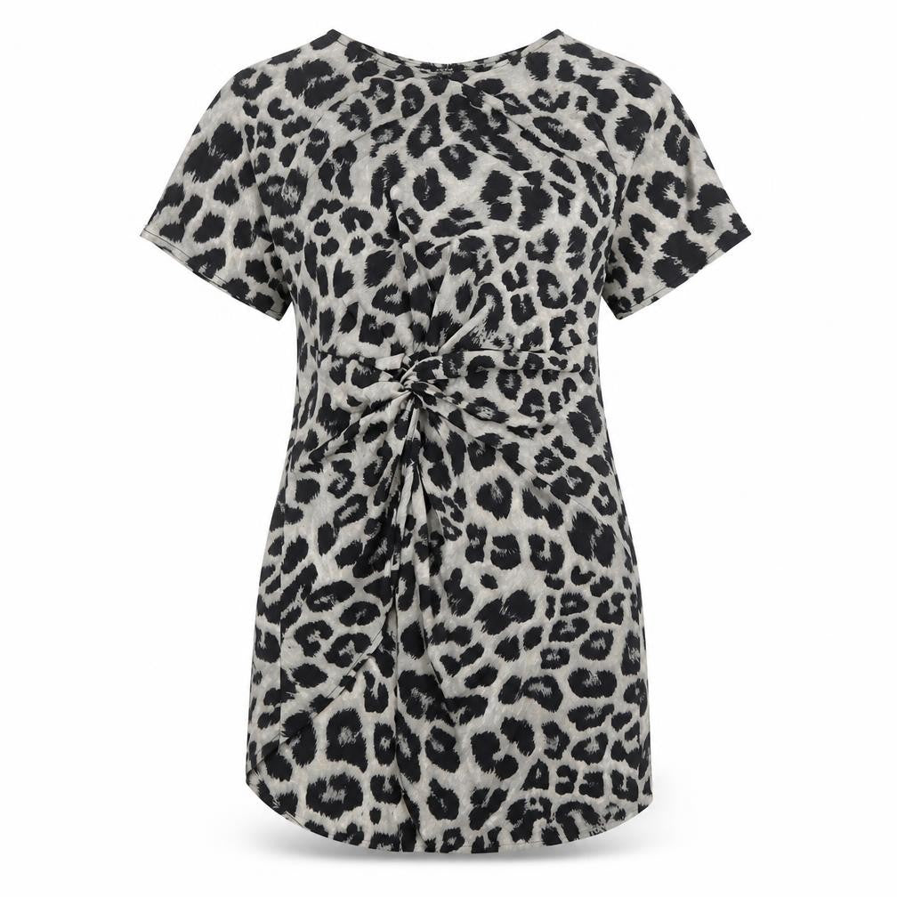 Vonda Womens Beige Animal Print Polyester A-Line Size S Boat Neck Pullover - Leopard Pattern