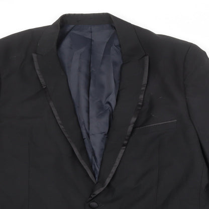 Close-up detail of French Connection men’s black polyester jacket suit jacket, size 44, regular - satin trim