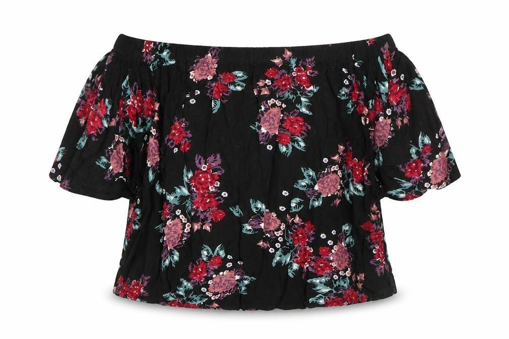 Select Womens Black Floral Viscose Basic Blouse Size 8 Off the Shoulder