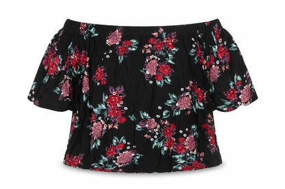 Select Womens Black Floral Viscose Basic Blouse Size 8 Off the Shoulder