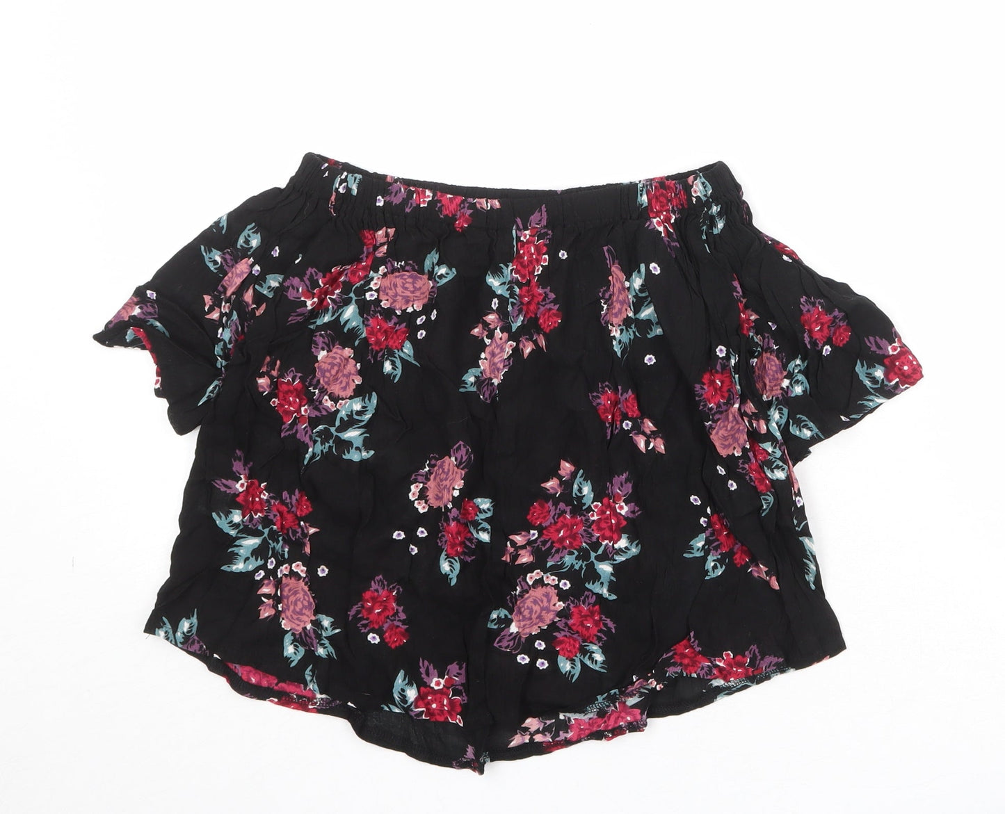 Select Womens Black Floral Viscose Basic Blouse Size 8 Off the Shoulder