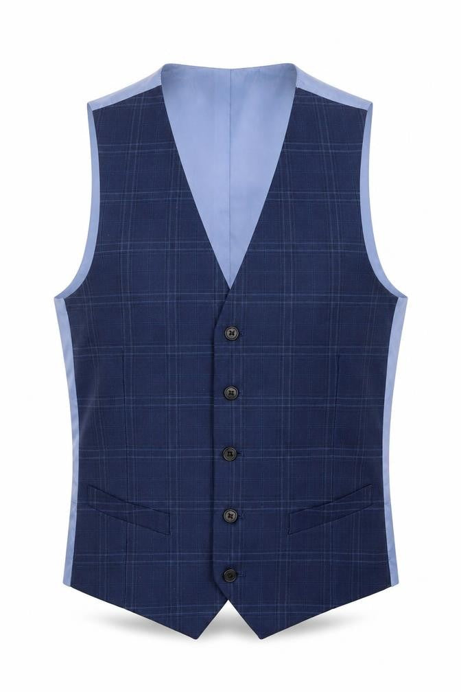 Marks & Spencer Mens Blue Plaid Polyester Jacket Suit Waistcoat Size 34 Regular
