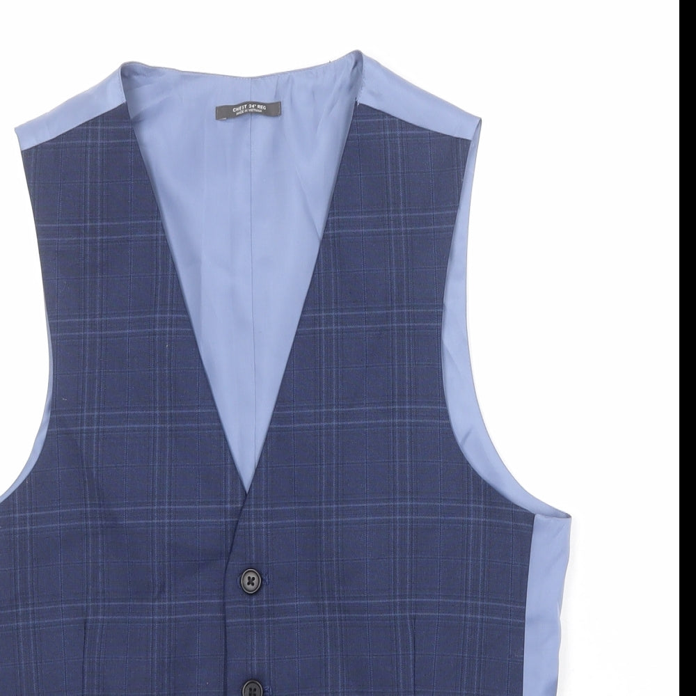 Marks and Spencer Mens Blue Plaid Polyester Jacket Suit Waistcoat Size 34 Regular
