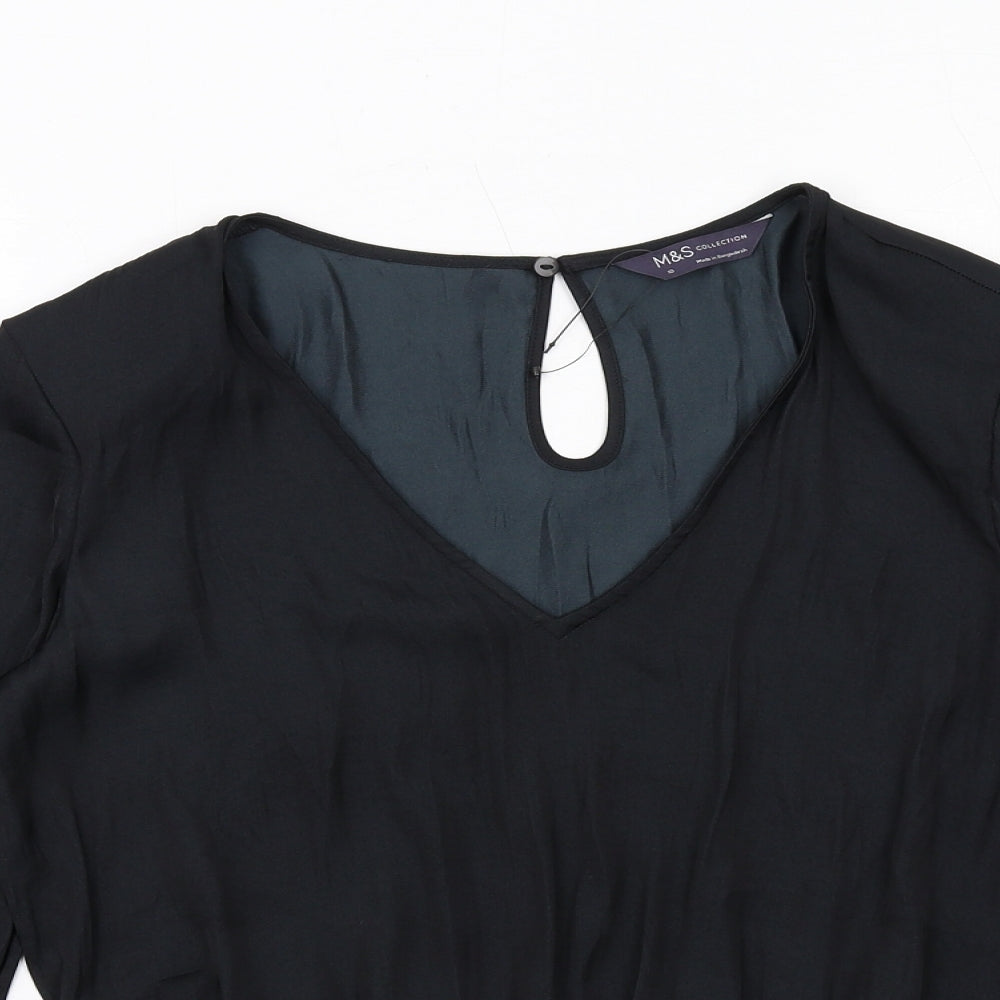 Marks and Spencer Womens Black Polyester Basic Blouse Size 10 V-Neck