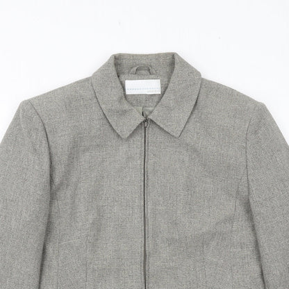 Close-up detail of AMARANTO women’s grey geometric jacket, size UK 16, zip