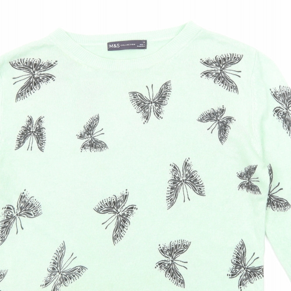 Marks and Spencer Womens Green Round Neck Geometric Acrylic Pullover Jumper Size 12 - Butterfly