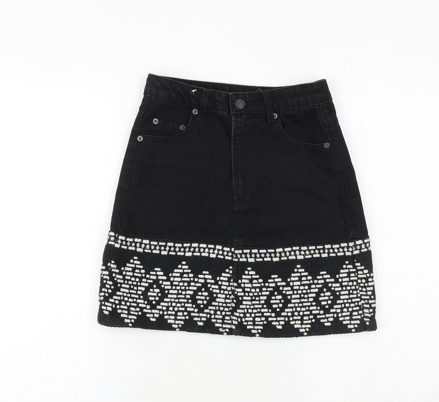 Stradivarius Womens Black Geometric Cotton A-Line Skirt Size 6 Zip