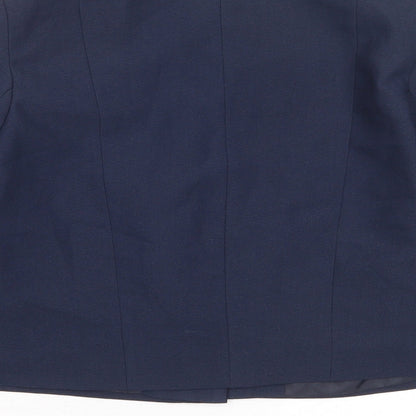 Brand and care label for ASOS women’s blue polyester jacket blazer, size UK 12, - open