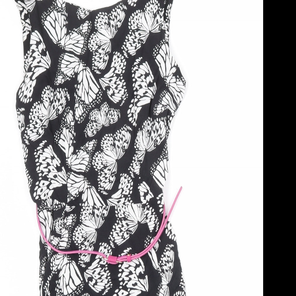 Wallis Womens Black Geometric Viscose A-Line Size 10 Round Neck Zip - Butterfly