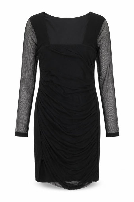 Boohoo Womens Black Nylon Pencil Dress Size 12 Square Neck Pullover - Mesh Overlay