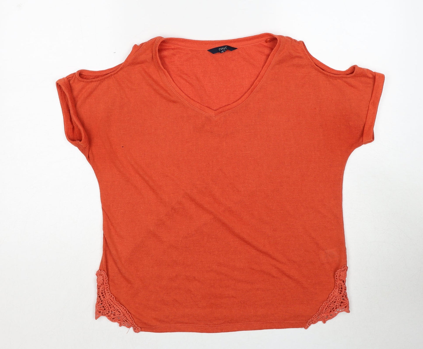 NEXT Womens Orange Polyester Basic Blouse Size 12 Round Neck - Cold Shoulder, Lace Detail