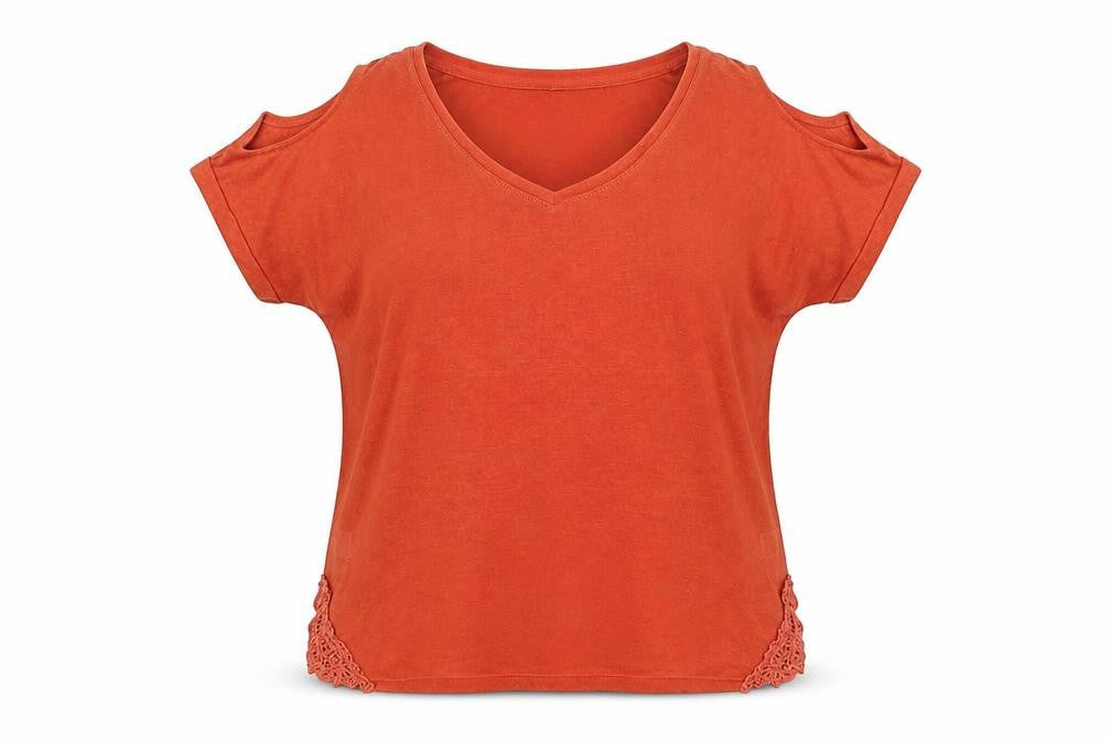 NEXT Womens Orange Polyester Basic Blouse Size 12 Round Neck - Cold Shoulder, Lace Detail