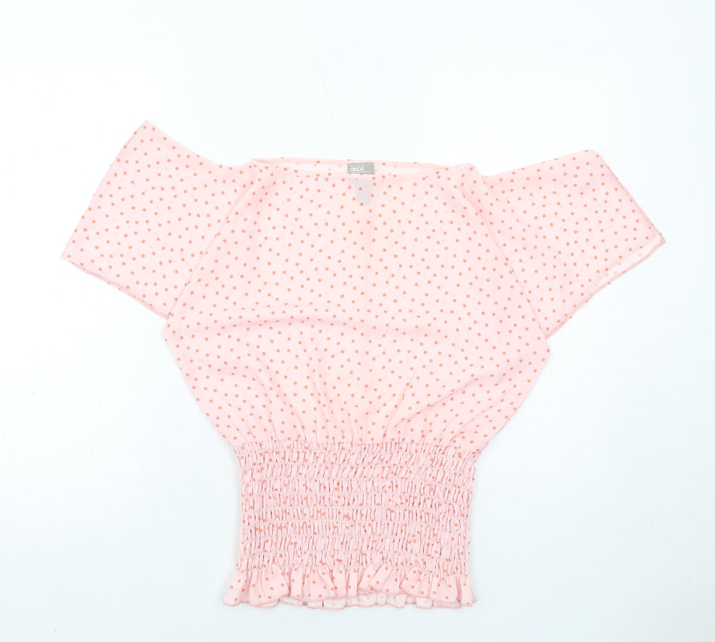 ASOS Womens Pink Polka Dot Polyester Basic Blouse Size 6 Off the Shoulder - Shirred
